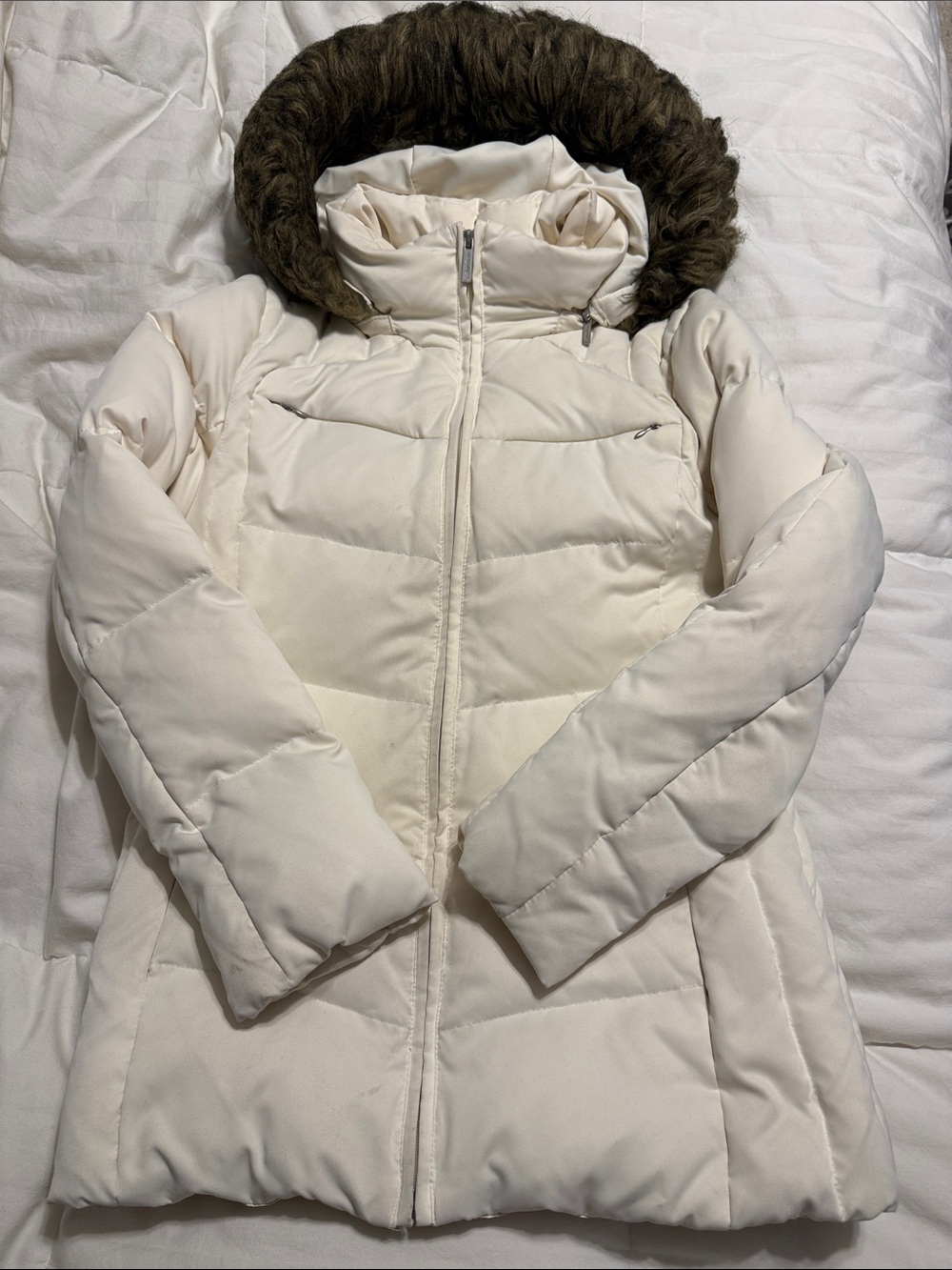 Calvin Klein - Cream Quilted Puffer Coat with Faux Fur Trim Removable Hood - S